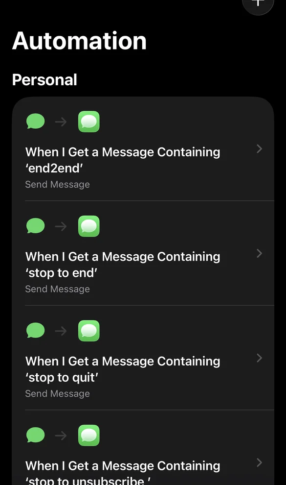 List of iPhone Shortcuts automations for replying STOP to common unsubscribe phrases like end2end, stop to end, stop to quit, and stop to unsubscribe