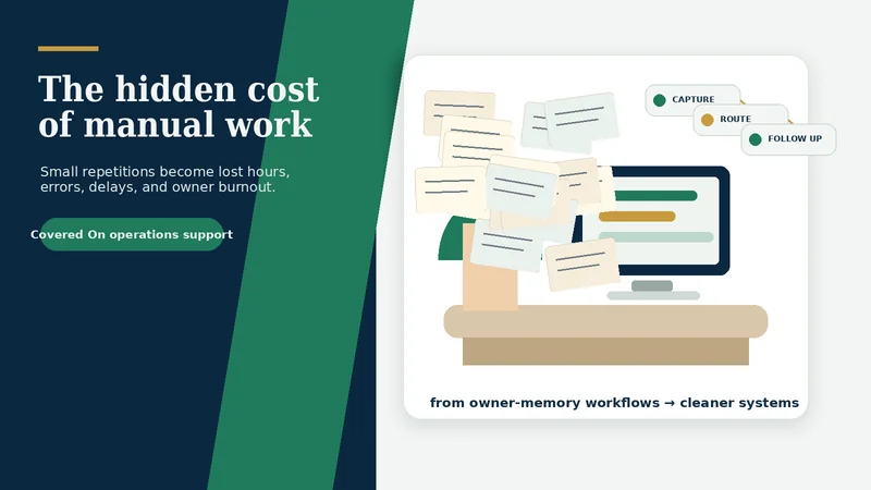 Small business owner surrounded by sticky notes, spreadsheets, and paper stacks