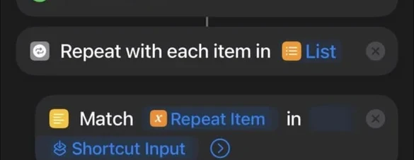 Advanced iPhone Shortcuts flow showing Add new item, Repeat with each item in List, Match Repeat Item in Shortcut Input, and the beginning of the If condition to send STOP on match